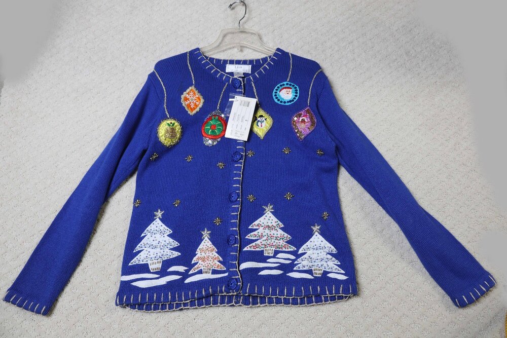 NWT Lisa International Vintage Ugly Christmas Sweater Cardigan Beaded Size S